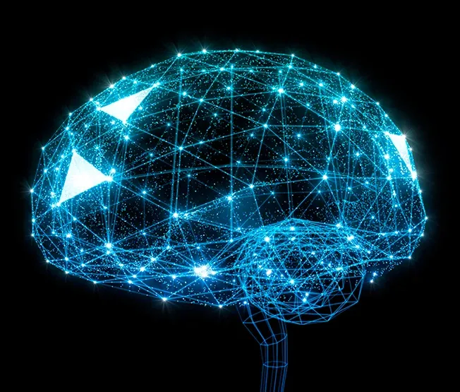 Cérebro em azul brilhante formado por uma rede neural sobre fundo preto