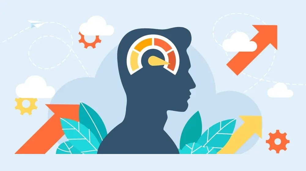Ilustração de uma cabeça com medidor, setas e nuvens representando o treino cognitivo personalizado