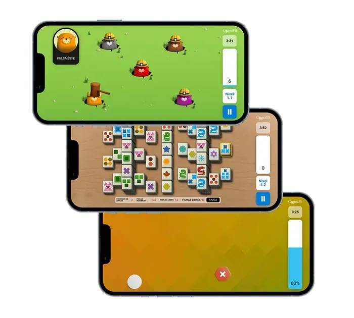 Três telas de celular com jogos de treino cerebral da CogniFit